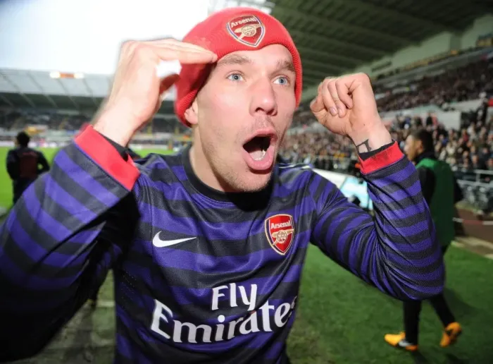Framed Print : Lukas Podolski Celebrates Kieran Gibbs's FA Cup Goal: Swansea vs. Arsenal (2012-13)