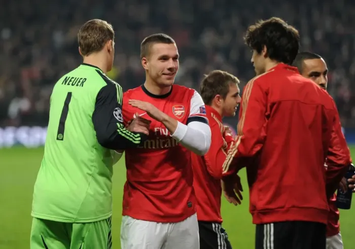 Framed Print : Lukas Podolski and Manuel Neuer - A Moment of Sportsmanship Before the Arsenal v Bayern Munich UEFA Champions League Clash Framed Print : Lukas Podolski and Manuel Neuer - A Moment of Sportsmanship Before the Arsenal v Bayern Munich UEFA Champions League Clash