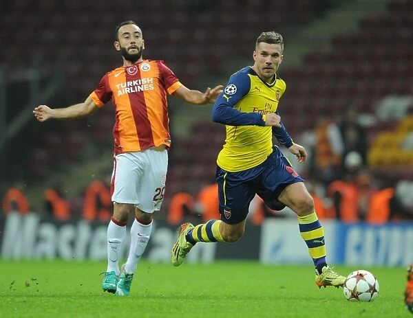 Lukas Podolski Outmaneuvers Olcan Adin: Galatasaray vs. Arsenal, UEFA Champions League, Istanbul, Turkey, 2014