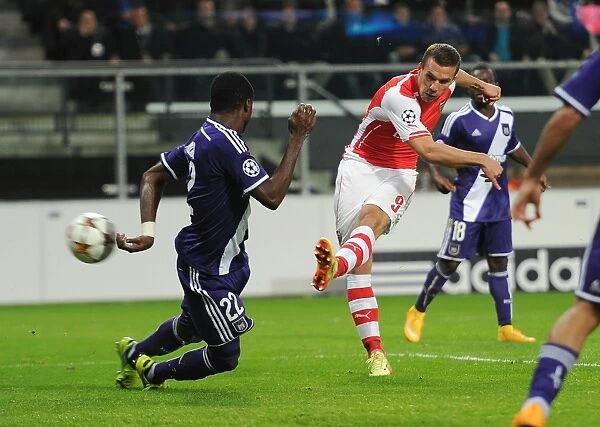 Lukas Podolski Scores Against Chancel Mbemba: Arsenal's Victory in the UEFA Champions League against RSC Anderlecht (2014)
