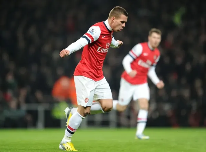 Framed Print : Lukas Podolski Scores First Arsenal Goal: Arsenal vs West Ham United, Premier League 2012-13