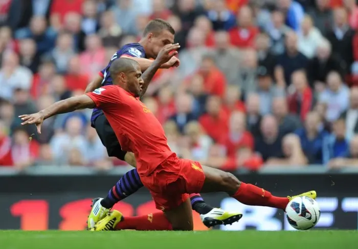 Framed Print : Lukas Podolski Scores First Arsenal Goal Against Liverpool at Anfield (2012-13)