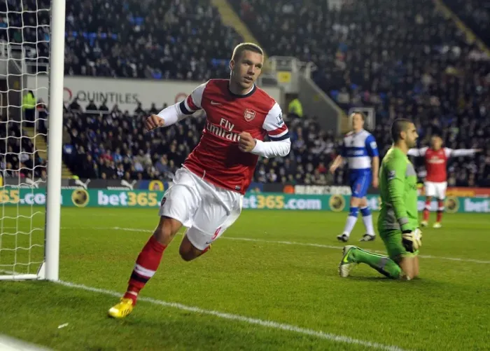 Framed Print : Lukas Podolski Scores First Goal for Arsenal Against Reading, 2012-13 Season