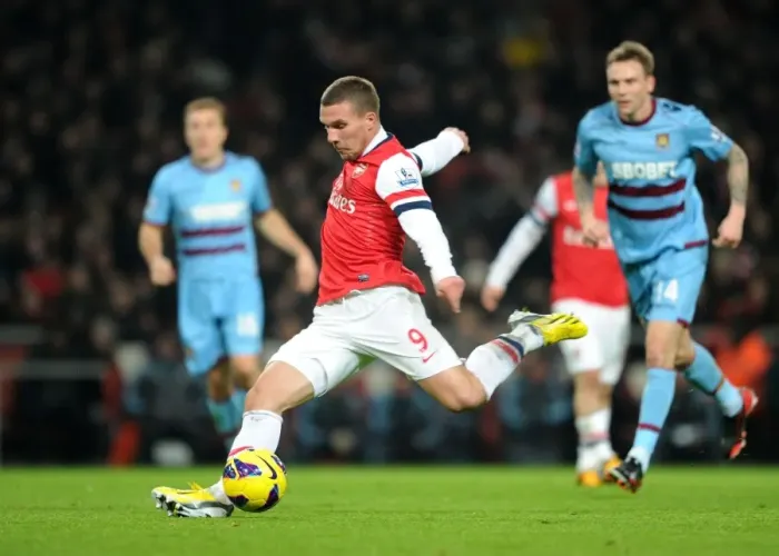 Framed Print : Lukas Podolski Scores First Goal: Arsenal vs. West Ham United, Premier League 2012-13