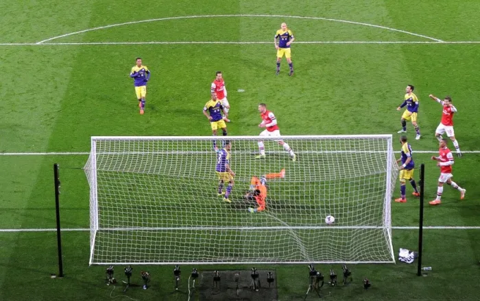 Framed Print : Lukas Podolski Scores First Goal: Arsenal vs Swansea City, Premier League 2013-14