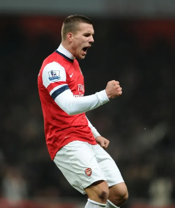 Framed Print : Lukas Podolski Scores First Goal: Arsenal vs West Ham United, Premier League 2012-13
