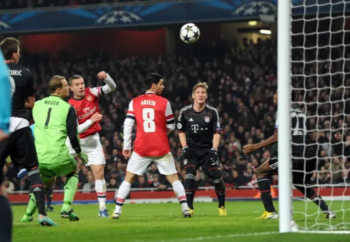 Framed Print : Lukas Podolski Scores Stunning Header Against Manuel Neuer and David Alaba in Arsenal vs. Bayern Munich UCL Clash Framed Print : Lukas Podolski Scores Stunning Header Against Manuel Neuer and David Alaba in Arsenal vs. Bayern Munich UCL Clash