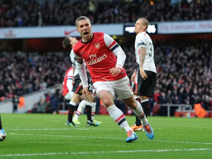 Framed Print : Lukas Podolski Scores Thrilling FA Cup Goal Against Liverpool at Emirates Stadium Framed Print : Lukas Podolski Scores Thrilling FA Cup Goal Against Liverpool at Emirates Stadium