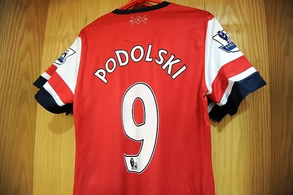 Lukas Podolski shirt in the changingroom. Arsenal 6:1 Southampton. Barclays Premier League