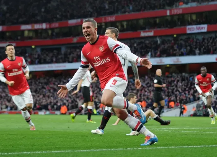 Framed Print : Lukas Podolski's FA Cup Goal Celebration: Arsenal's Second against Liverpool (2013-14)