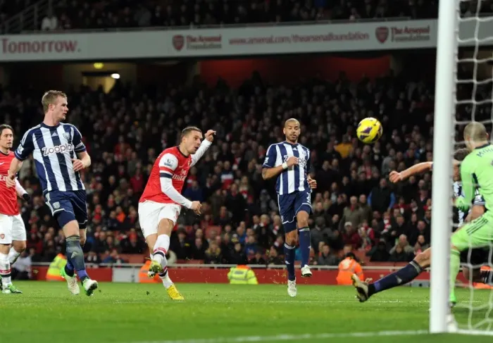 Framed Print : Lukas Podolski's Missed Goal: Arsenal vs. West Bromwich Albion (2012-13)