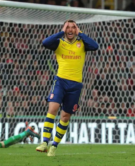 Framed Print : Lukas Podolski's Missed Opportunity: Stoke City vs. Arsenal, Premier League, 2014