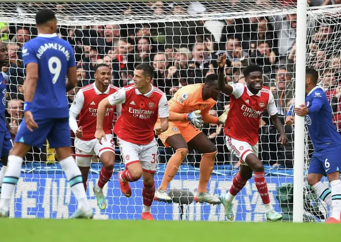 Framed Print : Magalhaes, Partey, Xhaka: Arsenal's Triumphant Goal Celebration vs. Chelsea (2022-23) Framed Print : Magalhaes, Partey, Xhaka: Arsenal's Triumphant Goal Celebration vs. Chelsea (2022-23)