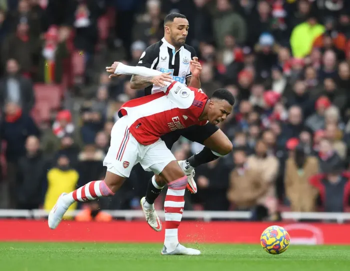 Framed Print : Magalhaes vs Wilson: A Football Battle at the Emirates - Arsenal vs Newcastle United, Premier League 2021-22