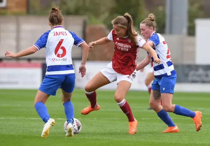 Framed Print : Malin Gut vs. Rachel Rowe: Intense Clash in Arsenal Women vs. Reading Women FA WSL Match Framed Print : Malin Gut vs. Rachel Rowe: Intense Clash in Arsenal Women vs. Reading Women FA WSL Match