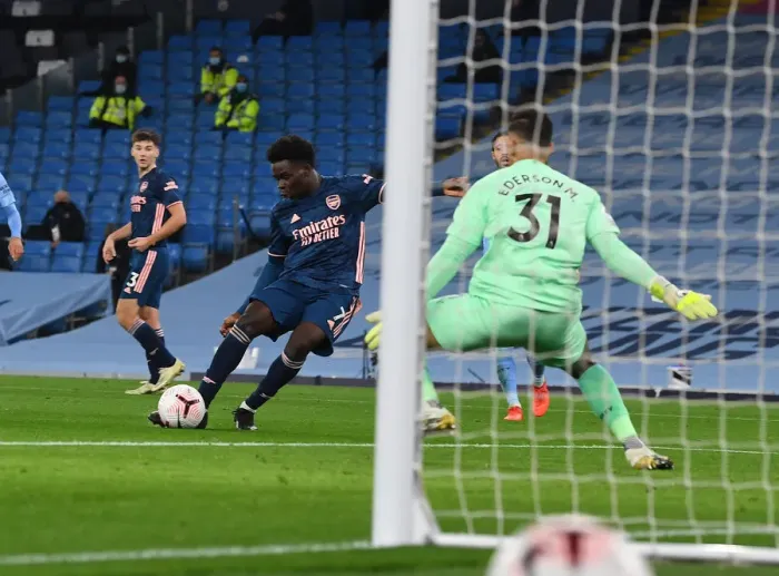 Framed Print : Manchester City vs Arsenal: Bukayo Saka's Thwarted Goal in Empty Etihad Stadium - Premier League 2020-21