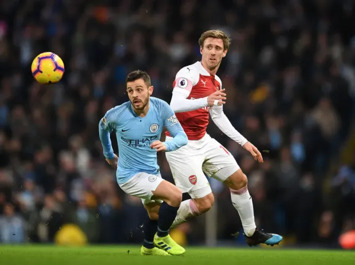 Framed Print : Manchester City vs. Arsenal: Monreal Under Pressure from Silva, Premier League 2018-19
