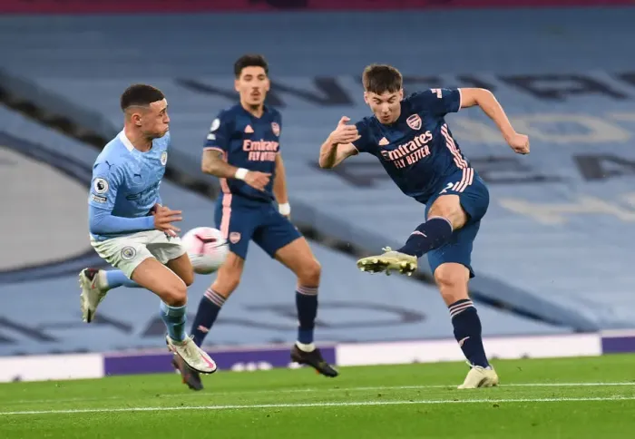 Framed Print : Manchester City vs Arsenal: Tierney's Shot Blocked by Foden in Premier League Clash (2020-21)