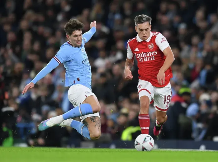 Framed Print : Manchester City vs Arsenal: Trossard vs Stones in FA Cup Clash (2022-23) Framed Print : Manchester City vs Arsenal: Trossard vs Stones in FA Cup Clash (2022-23)