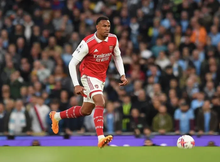 Framed Print : MANCHESTER, ENGLAND - APRIL 26: Gabriel Magalhaes of Arsenal during the Premier League match between Manchester City and Arsenal FC at Etihad Stadium on April 26, 2023 in Manchester, England. (Photo by David Price / Arsenal FC via Getty Images)