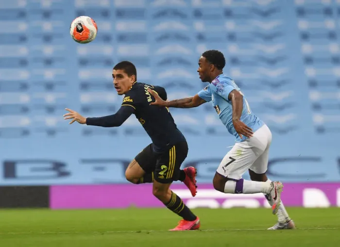 Framed Print : Manchester Rivalry: Bellerin vs Sterling - Premier League Showdown (2019-20) Framed Print : Manchester Rivalry: Bellerin vs Sterling - Premier League Showdown (2019-20)