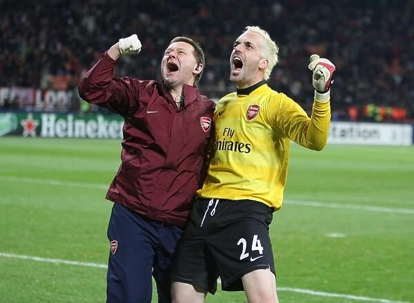 Manuel Almunia and Gary Lewin: Arsenal's Jubilant Moment after the Second Goal vs. AC Milan, 2008 Champions League