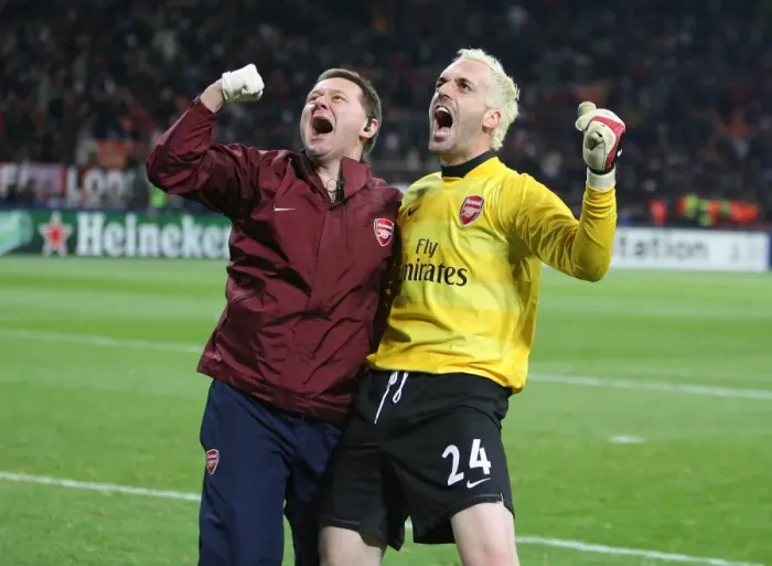 Framed Print : Manuel Almunia and Gary Lewin: Arsenal's Jubilant Moment after the Second Goal vs. AC Milan, 2008 Champions League Framed Print : Manuel Almunia and Gary Lewin: Arsenal's Jubilant Moment after the Second Goal vs. AC Milan, 2008 Champions League
