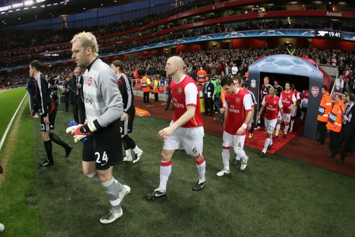 Framed Print : Manuel Almunia and Philippe Senderos (Arsenal) walk out before the match Framed Print : Manuel Almunia and Philippe Senderos (Arsenal) walk out before the match