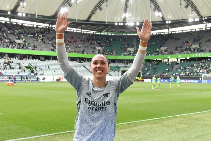 Framed Print : Manuela Zinsberger's Euphoric Moment: Arsenal Women's UEFA Champions League Semi-Final Triumph over VfL Wolfsburg