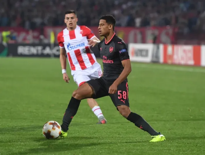 Framed Print : Marcus McGuane in Action: Arsenal vs. Red Star Belgrade, Europa League 2017-18