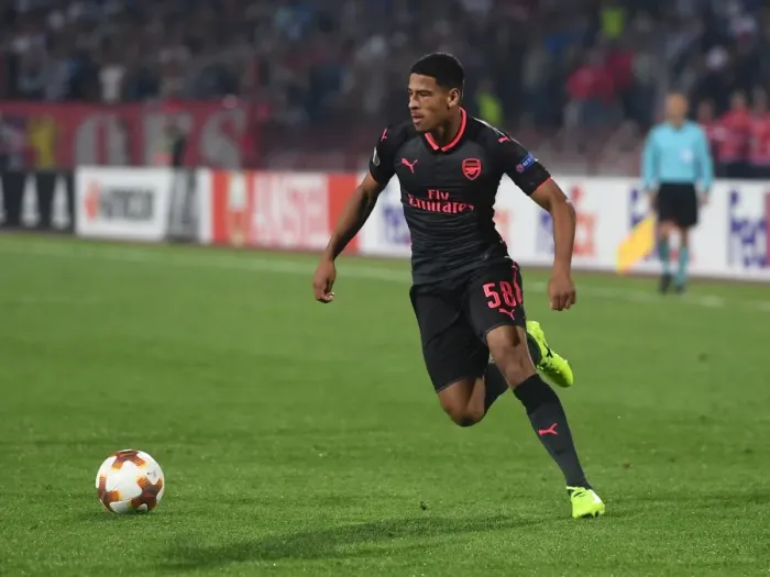 Framed Print : Marcus McGuane in Action: Arsenal vs. Red Star Belgrade, Europa League 2017-18