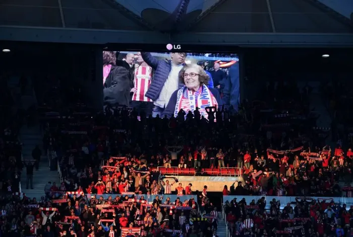 Framed Print : Maria on the big screen. Atletico Madrid 1: 0 Arsenal. Europe League Semi Final, 2nd Leg