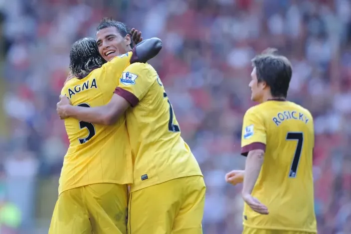 Framed Print : Marouane Chamakh and Bacary Sagna celebrate the Arsenal goal. Liverpool 1: 1 Arsenal