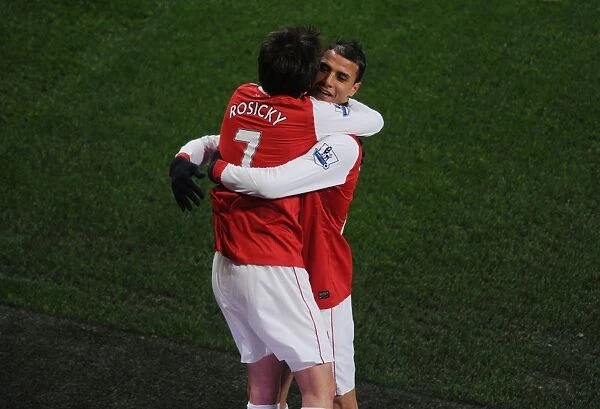 Marouane Chamakh celebrates scoring the 1st Arsenal goal with Tomas Rosicky