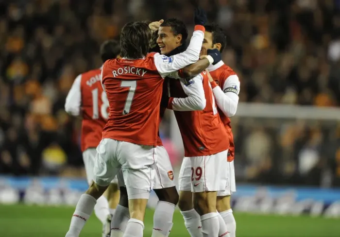 Framed Print : Marouane Chamakh celebrates scoring the 1st Arsenal goal with Tomas Rosicky