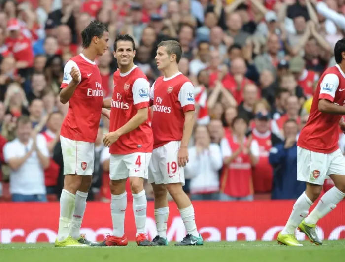 Framed Print : Marouane Chamakh celebrates scoring the 6th Arsenal goal with Cesc Fabregas Framed Print : Marouane Chamakh celebrates scoring the 6th Arsenal goal with Cesc Fabregas