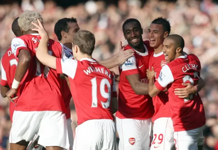 Framed Print : Marouane Chamakh celebrates scoring Arsenals 2nd goal with his team mates including Johan Djourou and Gael Clichy. Arsenal 2: 1 Birmingham City. Barclays Premier League. Emirates Stadium, 16 / 10 / 10. Credit : Arsenal Football Club / Framed Print : Marouane Chamakh celebrates scoring Arsenals 2nd goal with his team mates including Johan Djourou and Gael Clichy. Arsenal 2: 1 Birmingham City. Barclays Premier League. Emirates Stadium, 16 / 10 / 10. Credit : Arsenal Football Club /