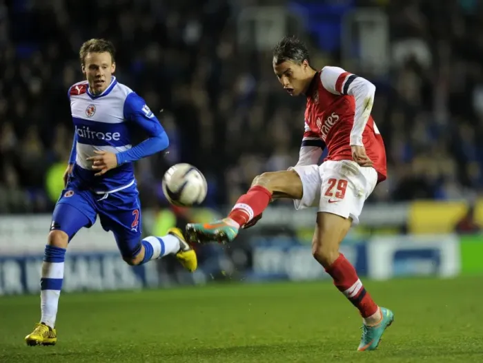 Framed Print : Marouane Chamakh Scores Seventh Goal Past Chris Gunter in Reading vs. Arsenal Capital One Cup Match