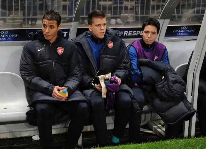 Framed Print : Marouane Chamakh, Wojciech Szczesny and Samir Nasri (Arsenal). SC Braga 2: 0 Arsenal