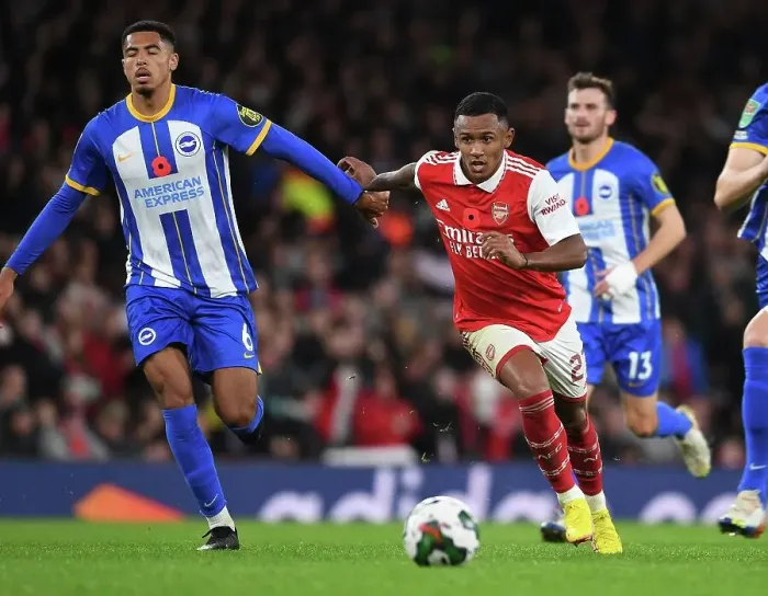 Framed Print : Marquinhos vs Colwill: Battle in the Carabao Cup - Arsenal vs Brighton