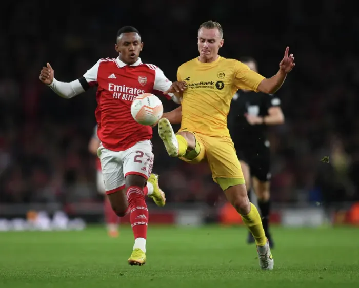 Framed Print : Marquinhos's Tenacious Defence: Arsenal Shuts Down FK Bodo / Glimt in Europa League 2022-23