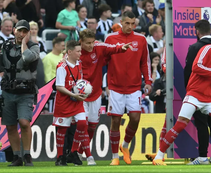 Framed Print : Martin Odegaard and Arsenal Mascot Before Newcastle United vs Arsenal FC, Premier League 2022-23