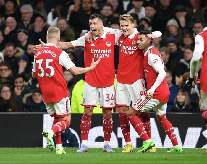 Framed Print : Martin Odegaard and Arsenal Team Celebrate Goals Against Tottenham Hotspur in Premier League Match, London 2023
