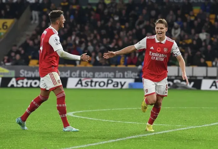 Framed Print : Martin Odegaard and Ben White: Dynamic Duo Celebrates Arsenal's Second Goal vs Wolverhampton Wanderers (2022-23)