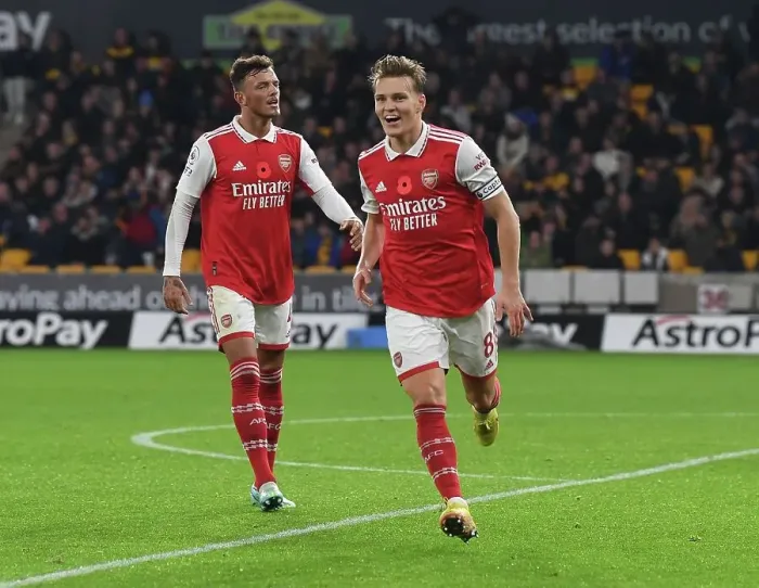 Framed Print : Martin Odegaard and Ben White: Dynamic Duo Delivers Winning Goals for Arsenal Against Wolverhampton Wanderers (2022-23)