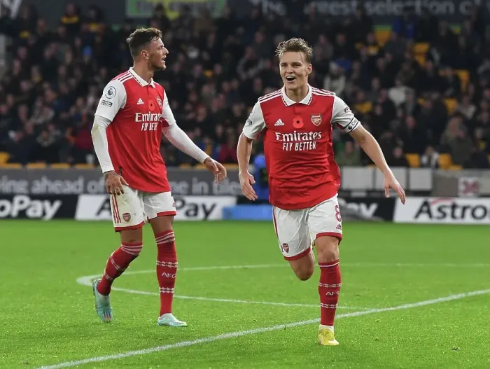 Framed Print : Martin Odegaard and Ben White Celebrate Arsenal's Second Goal vs Wolverhampton Wanderers (2022-23) Framed Print : Martin Odegaard and Ben White Celebrate Arsenal's Second Goal vs Wolverhampton Wanderers (2022-23)