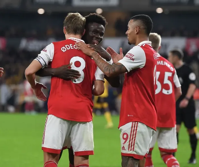 Framed Print : Martin Odegaard and Bukayo Saka Celebrate Arsenal's Goals Against Wolverhampton Wanderers in 2022-23 Premier League