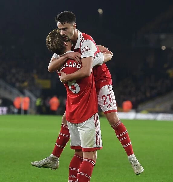 Martin Odegaard and Fabio Vieira Celebrate First Arsenal Goal vs. Wolverhampton Wanderers (2022-23)