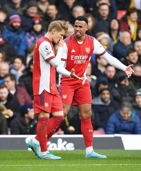 Martin Odegaard and Gabriel in Action: Arsenal vs. Watford, Premier League 2021-22