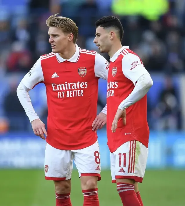 Framed Print : Martin Odegaard and Gabriel Martinelli in Action: Leicester City vs Arsenal, Premier League 2022-23